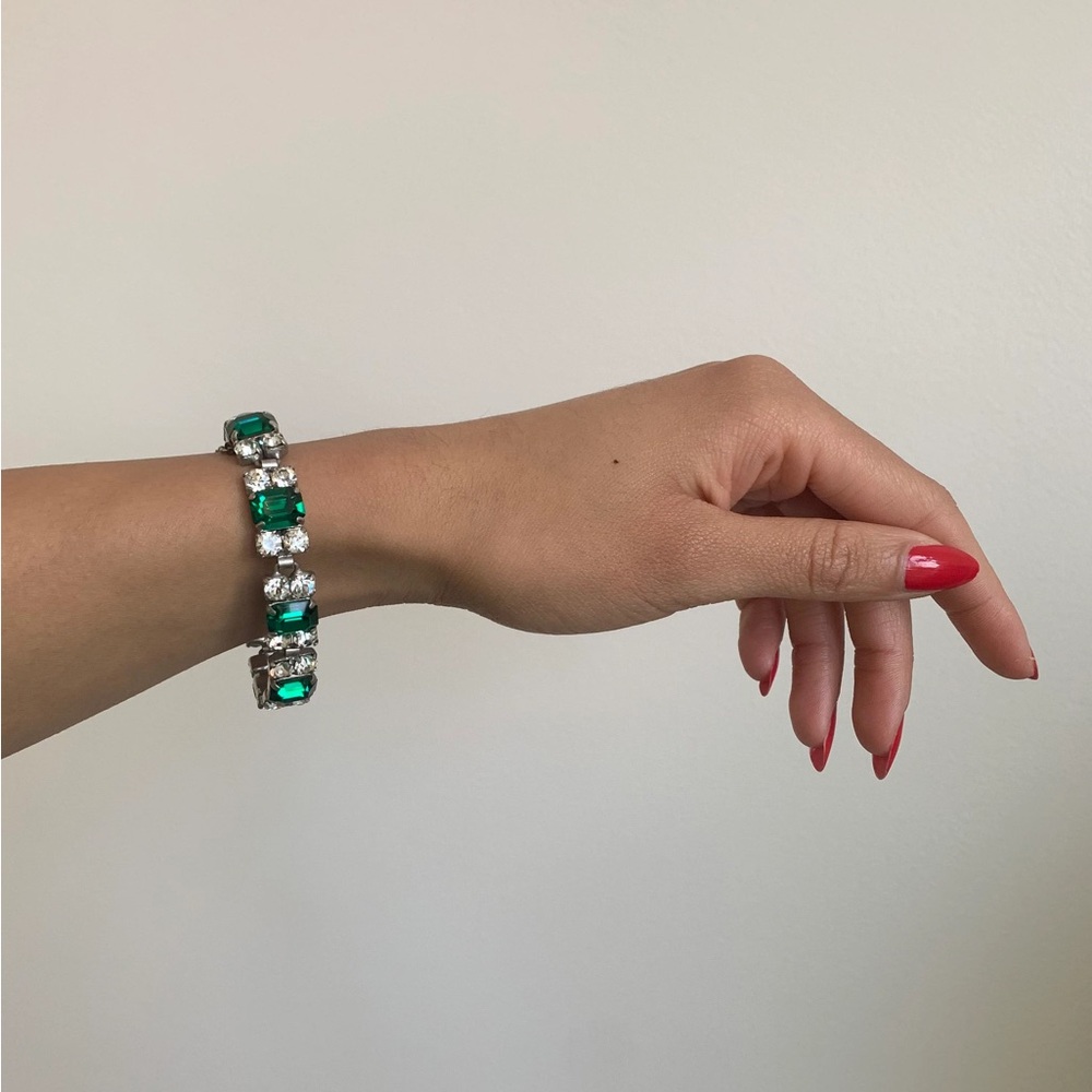 Mid-Century Emerald Green & Clear Rhinestone Cuff Bracelet
